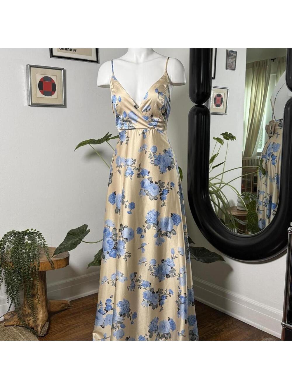 Lulus Overjoyed Champagne Satin Floral Print Maxi Dress